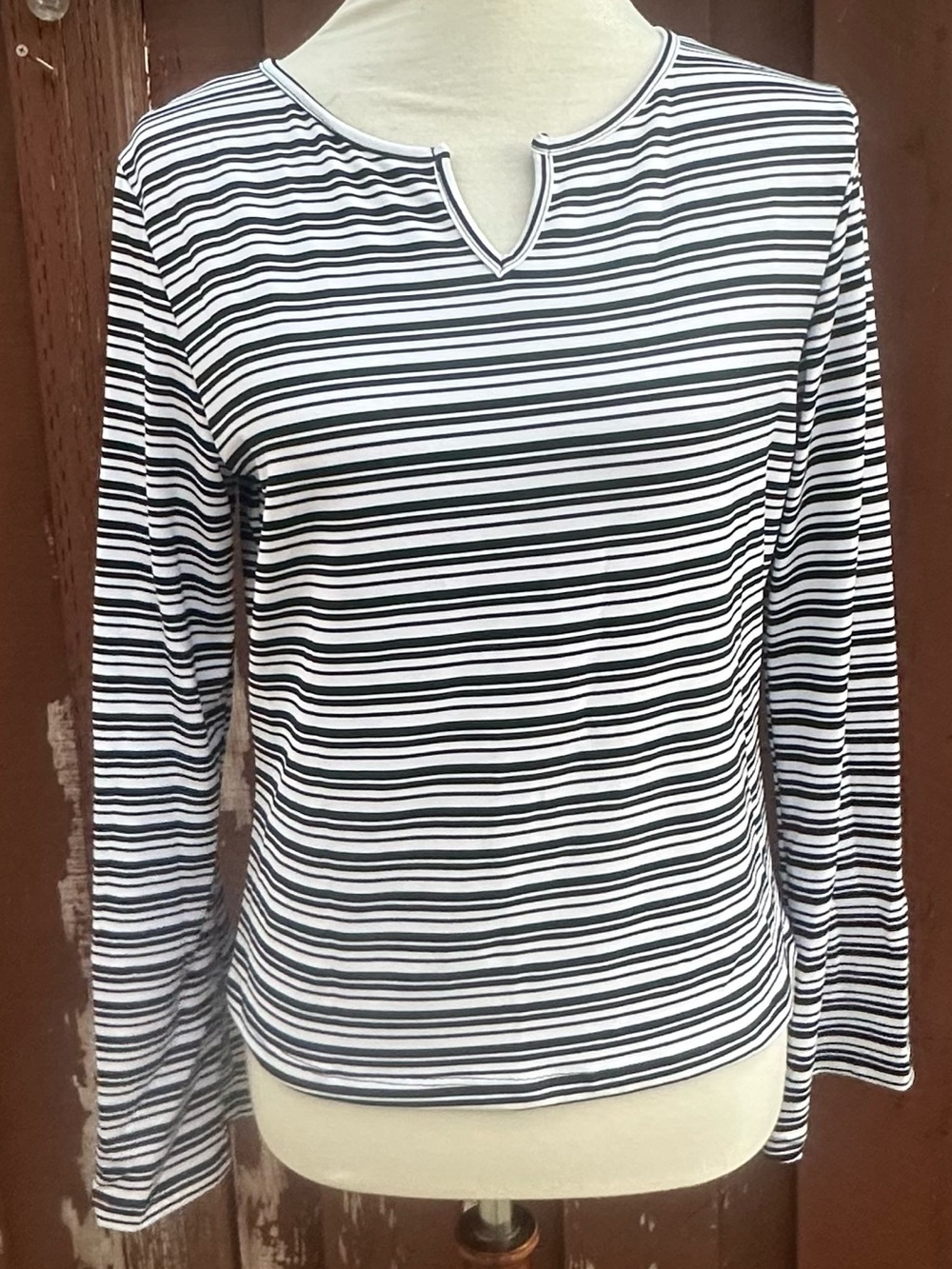 Jasmine Black & White Striped Long-Sleeve Notch Neck Tee